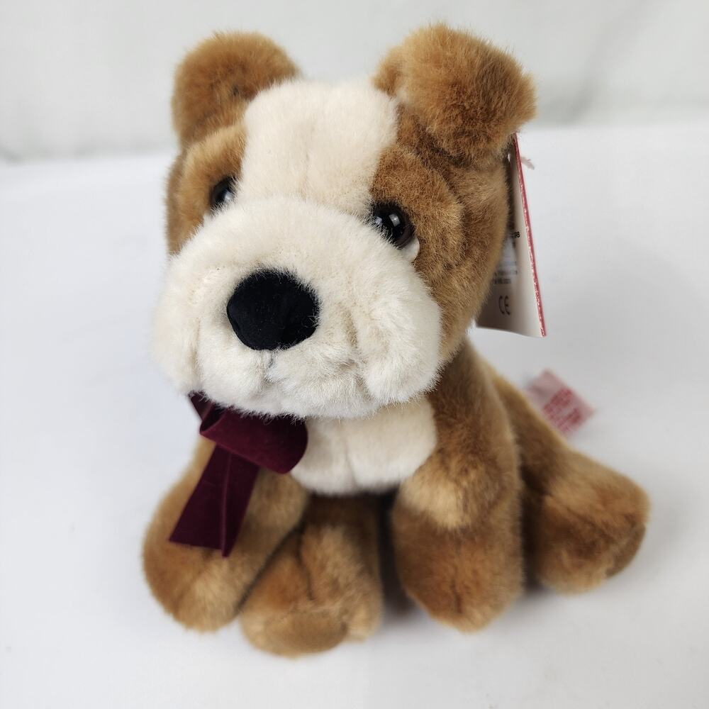 Russ Berrie Brandy Bulldog 7" Plush Stuffed Sitting Gold Tan Maroon Ribbon NWT